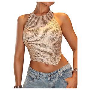 Sparkly Sequin Asymmetrical Halter Top, XXS Petite, 7E-154T016